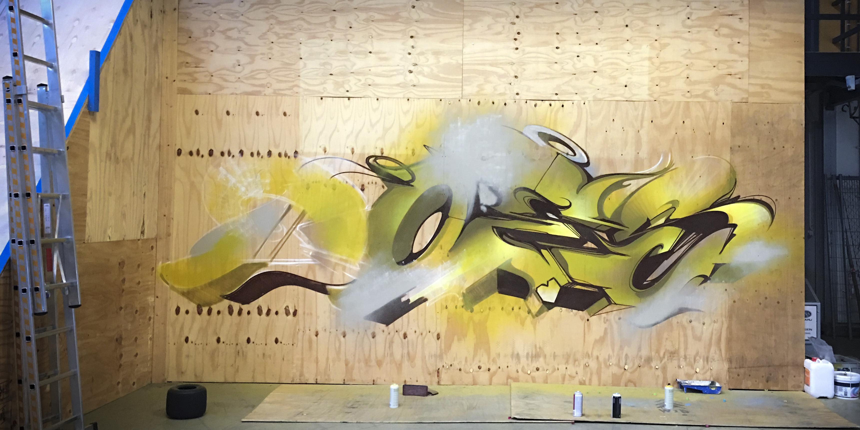 A work by Does - Progress mural wood 15 sittard the netherlands yellow 1